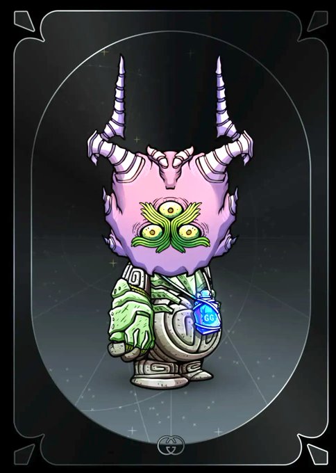 An illustrated tarot-style card featuring a purple horned figure with a green three-eyed mask, holding a glowing bottle marked '6G' against a starry dark background.