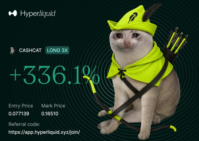 A cat dressed in a green Robin Hood costume is shown alongside a Hyperliquid trading dashboard displaying a +336.1% gain on a CASHCAT LONG 3X position, with an entry price of 0.077139 and mark price of 0.16510, along with a referral link. The image illustrates the post's claim of turning an early entry into a 9x leveraged gain, with the "Robin Hood" cat visually punning on both the "CASHCAT" ticker and the Robinhood platform mentioned in the caption.