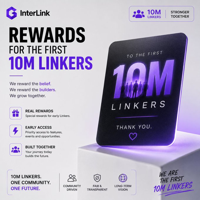 An advertisement for 'InterLink' offering 'REWARDS FOR THE FIRST 10M LINKERS,' featuring a glowing purple 3D card and sections detailing real rewards, early access, and built-together community values.
