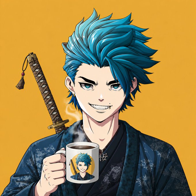 The image features a cartoon girl with blue hair holding a coffee cup, which has an illustration of a man's face on it. The caption reads "Solana is still the biggest casino right now. GM." This suggests that the girl might be referencing the popular game "Solana" in her post or drawing attention to the ongoing popularity of the game at the moment.