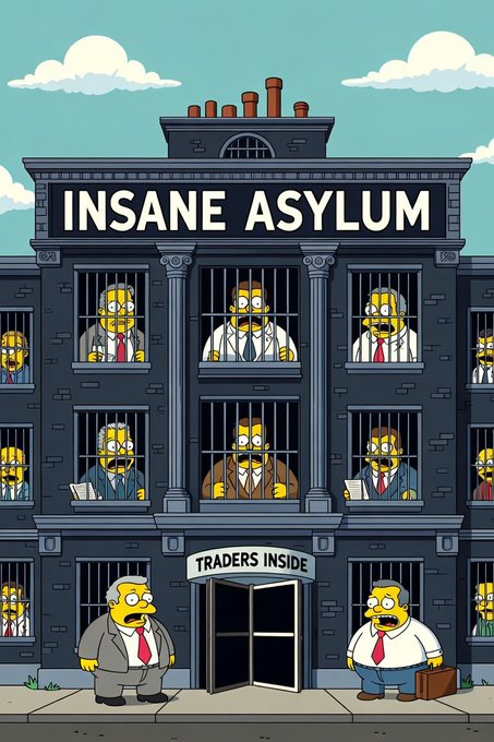 A Simpsons-style cartoon illustration of an 'INSANE ASYLUM' with Homer and other characters behind bars and at the entrance labeled 'TRADERS INSIDE'.