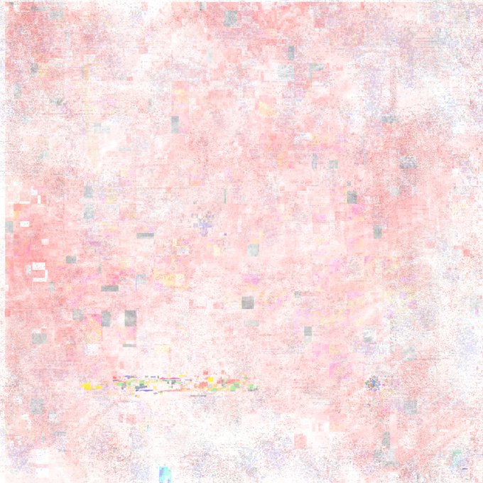 An abstract artwork dominated by pale pink and white tones, featuring subtle pixelated textures, scattered colorful marks, and the faint outline of the letters 'HA'.