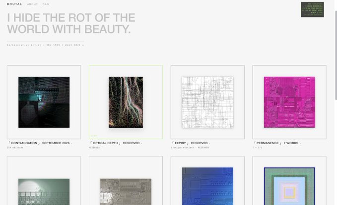 A portfolio website for "BRUTAL" titled "I HIDE THE ROT OF THE WORLD WITH BEAUTY" by "Brutal" (bal 1990 / Web3 2021), displaying a grid of digital art collections like "Contamination," "Optical Depth," "Expiry," and "Permanence," alongside an FAQ section, used to promote a GC (Gated Collection) whitelist exclusively for BRUTAL FAM token holders.