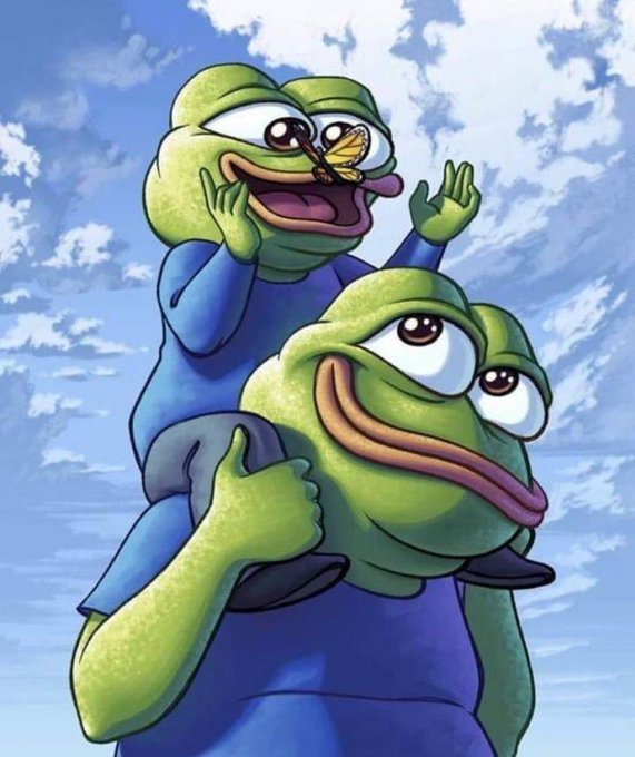 A digital illustration shows two Pepe-style frogs in blue outfits against a cloudy sky, with the smaller frog on top with its tongue out catching a yellow butterfly.