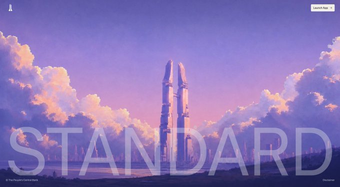 A stylized purple and pink digital artwork showing a futuristic tower structure with the large text 'STANDARD' overlaid, marked as 'The People's Central Bank' and featuring a 'Launch App' button.