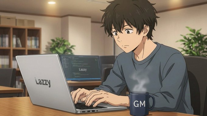The image features a man sitting at a desk with a laptop computer open in front of him. He appears to be working or studying, possibly using a program like crypto currency trading. On his desk, there are also two cups - one blue and one black. The background shows a bookshelf filled with various books, suggesting that the man might be researching or learning about different topics related to cryptocurrency.