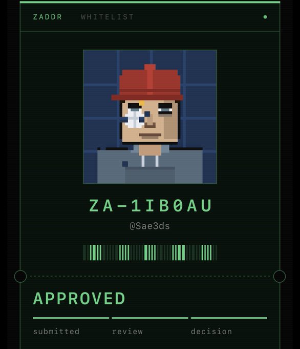 A digital membership card interface titled 'ZADDR WHITELIST' displaying a pixel art character with a red hat, the identifier 'ZA-1IB0AU', the username '@Sae3ds', a barcode, and a status of 'APPROVED' for 'submitted, review, decision'.
