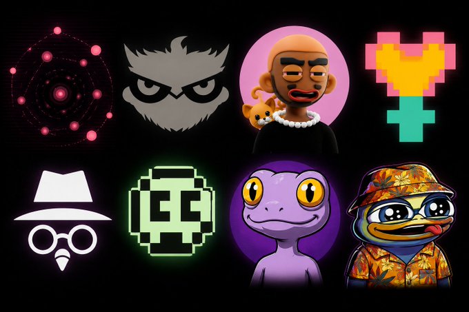 The image features a collection of six different cartoon characters with various styles and colors against a black background. The characters include a pink owl, a purple frog, an orange fish, a yellow heart, a green snake, and a blue bird. Each character has its own unique design or pattern on their face, making them easily distinguishable from one another. The post also includes information about the mints being sold by the Mints I'M WATCHING chain, which is associated with the Autistic Society of America (ASA).