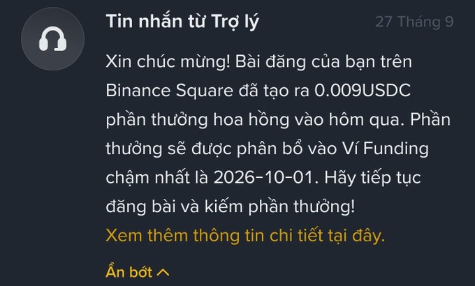 A Vietnamese message from Binance Support dated September 27th, notifying the user of a 0.009 USDC reward generated from their Binance Square post, to be distributed to their Funding wallet by 2026-10-01.