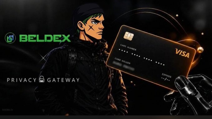 A promotional graphic for Beldex featuring an animated male character with green hair and a headband, alongside a glowing Visa credit card and the text 'BELDEX' and 'PRIVACY GATEWAY'.