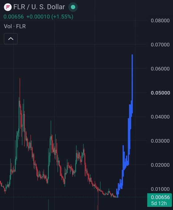 The image shows a FLR/U.S. Dollar candlestick chart with the current price at $0.00656 (+1.55%), displaying a volatile history where prices surged to around $0.06-0.08 before crashing down to current lows near $0.006 over a 5-day 12-hour timeframe. The chart's recent low price point visually reinforces the post's message about aggressively buying #FLR at depressed levels ahead of the company's launch as a DAT in Switzerland and integration of the FAsset DeFi system.