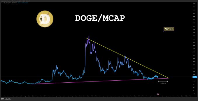 The image features a chart with a line graph that shows the price of Bitcoin over time, which has been labeled "DOGE/MCP" at the top. The chart also includes a gold coin symbolizing the cryptocurrency DOGE (Bitcoin). The title of the image is "DOGE / MCP", and it appears to be an analysis or forecast of Bitcoin's price movement.