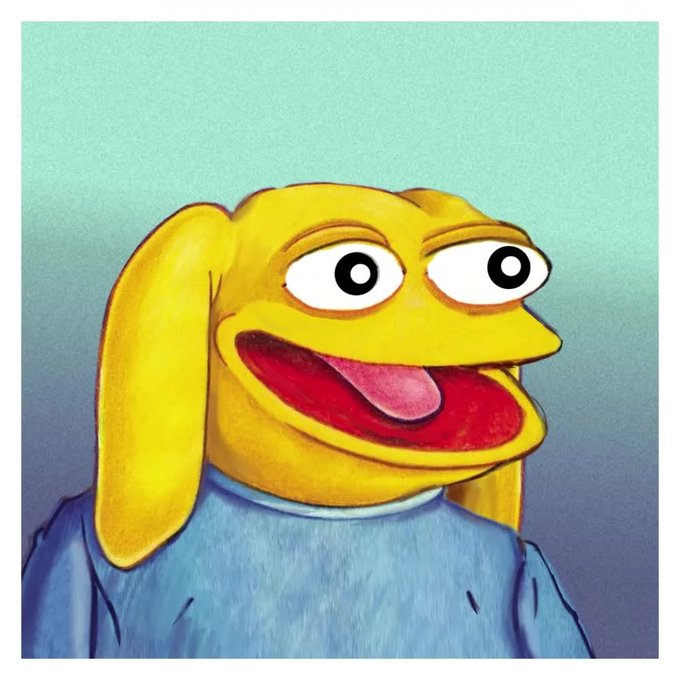 A stylized, surreal painting of a yellow dog-like character with wide eyes and an open mouth, wearing a blue shirt against a teal background.