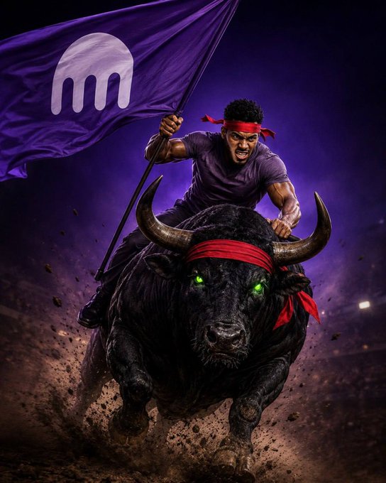 A warrior rides a charging bull while waving a purple flag bearing the letter "m," symbolizing the bullish momentum of $GMEBULL uniting normie-friendly markets with crypto for significant upward gains.