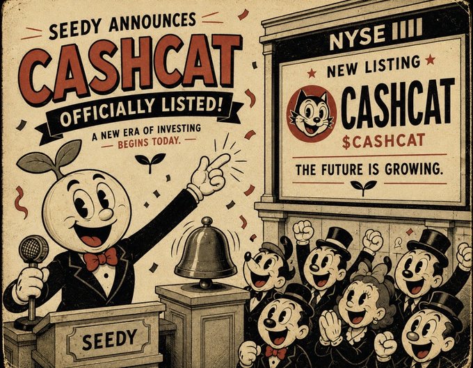 The image is a vintage-style illustration announcing "SEEDY ANNOUNCES CASHCAT OFFICIALLY LISTED!" with a bell-ringing ceremony and a crowd celebrating the "$CASHCAT" ticker shown on the "NYSE III" board as "NEW LISTING" with the tagline "THE FUTURE IS GROWING." The illustration playfully satirizes the post's claim about a seed round for @RobinhoodCrypto coins by depicting an over-the-top, cartoonish stock listing event to humorously congratulate the "cashcat team."