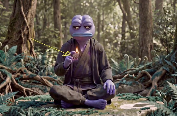A purple-skinned character resembling Donatello from Teenage Mutant Ninja Turtles, dressed as a Jedi monk, meditates in a forest while using the Force to levitate a lightsaber. The image evokes a sense of mystical mastery and technological wonder, mirroring the awe-inspiring quality of the UBIK video highlighted in the post about an AI-driven crypto broadcaster.