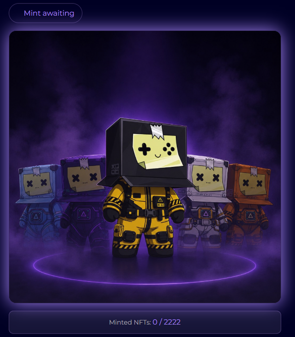 A digital NFT minting page titled 'Mint awaiting' displaying a row of five characters in hazmat suits with TV-like heads, with the text 'Minted NFTs: 0 / 2222' at the bottom.