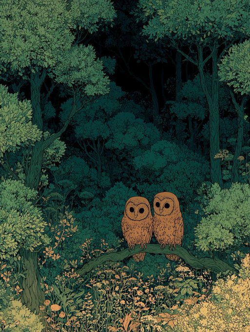 Two owls perch together on a branch in a lush, dark green forest at night, symbolizing a deep and wise friendship between two souls.