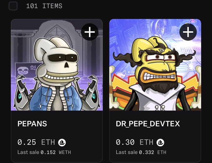 An NFT marketplace interface showing '101 ITEMS' with two Pepe-style character collectibles listed: 'PEPANS' priced at 0.25 ETH (last sale 0.152 WETH) and 'DR.PEPE_DEVTEX' priced at 0.30 ETH (last sale 0.332 ETH).
