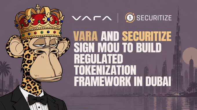A promotional graphic featuring a cartoon leopard wearing a crown and tuxedo, with text reading 'VARA AND SECURITIZE SIGN MOU TO BUILD REGULATED TOKENIZATION FRAMEWORK IN DUBAI' against a Dubai skyline backdrop.