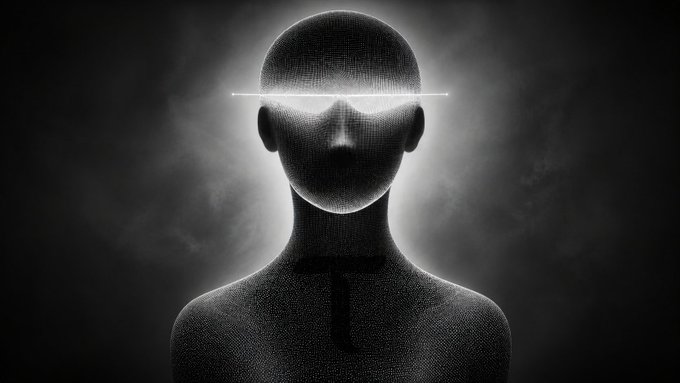 A shadowy, humanoid figure with a glowing white horizontal line across its eyes emerges from a misty black background, evoking a faceless, omniscient AI entity. The image visually echoes the post's theme of Bittensor as a powerful, unified intelligence addressing the fragmented debate around open-source AI development.
