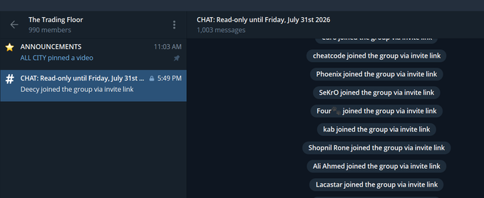Telegram app showing 'The Trading Floor' group with 990 members, displaying pinned announcement 'CHAT: Read-only until Friday, July 31st 2026' and a list of members who joined via invite links.