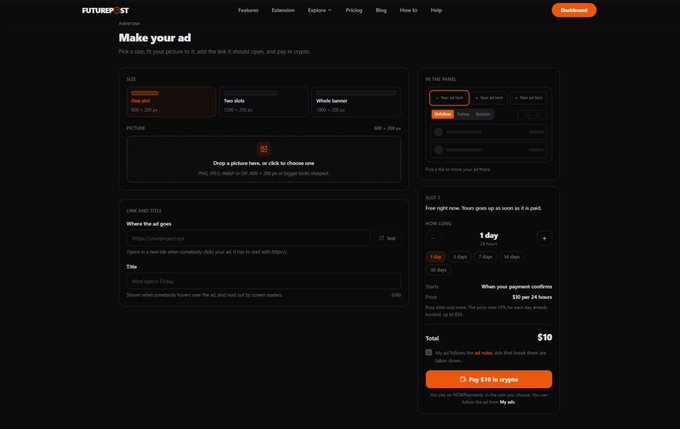 A screenshot of the "Make your ad" interface on futurepost.ai showing an advertiser form with a "1 day" $10 spot at the top of the panel, illustrating the $10/24-hour ad spot described in the accompanying post.