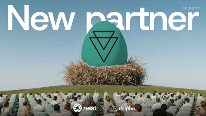 A promotional graphic announcing 'New partner' featuring a large teal egg-shaped logo with triangle designs sitting in a nest, with an audience watching and 'nest' and 'delpho' branding visible.