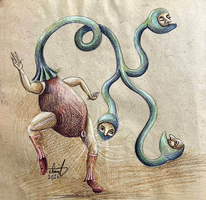 A whimsical illustration on toned paper depicts a humanoid figure in a pink tunic and reddish boots, mid-motion with arms raised, entangled with serpentine green tendrils that have faces at their tips—one with closed eyes and another smiling from a curled end. The artwork is signed and dated "2026" in the lower left, and visually embodies the caption's description of "The Motionkeeper," a fantastical being that embodies movement and rhythm.