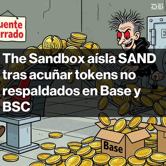 A cartoon image with Spanish text reads 'The Sandbox aísla SAND tras acuñar tokens no respaldados en Base y BSC', showing coins labeled 'SAND' and 'Base'.