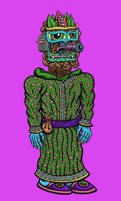 An illustration of a fierce deity-like character with a turquoise mask, beard, and ornate green patterned robes against a bright pink background.