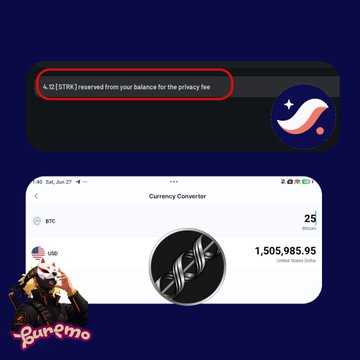 The image shows a comparison of privacy fees: a Starknet notification reserving "4.12 [STRK] reserved from your balance for the privacy fee," alongside a currency converter showing BTC to USD ($1,505,985.95 per 25 BTC), visually reinforcing the post's message that shielding BTC on Starknet costs minimal STRK fees versus Railgun's steep 25 BTC (~$1.5M) protocol charge.