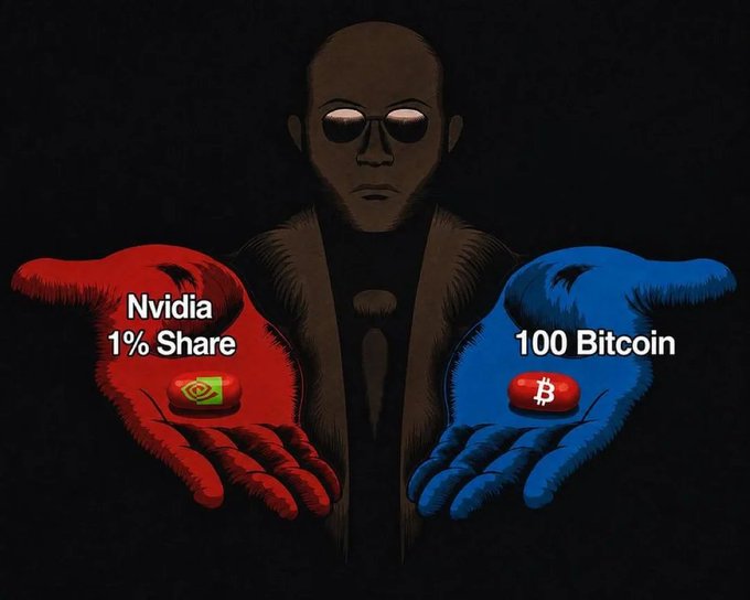 The image depicts a figure in a suit and dark sunglasses offering two open hands against a black background—one red hand holding a "Nvidia 1% Share" with the company's logo, and one blue hand holding "100 Bitcoin" with the Bitcoin symbol—visually representing the post's question about the enormous value gap between a small slice of early Nvidia stock and a hundred Bitcoin over time.