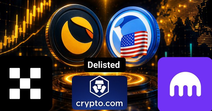 A promotional graphic showing two cryptocurrency coins with a 'Delisted' label, alongside logos for OKX, Crypto.com, and Kraken exchange platforms against a dark background with stock chart elements.