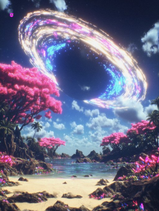 A vibrant digital artwork depicting a surreal tropical beach scene with pink flowering trees, where a massive glowing blue and purple black hole dominates the sky above calm waters.