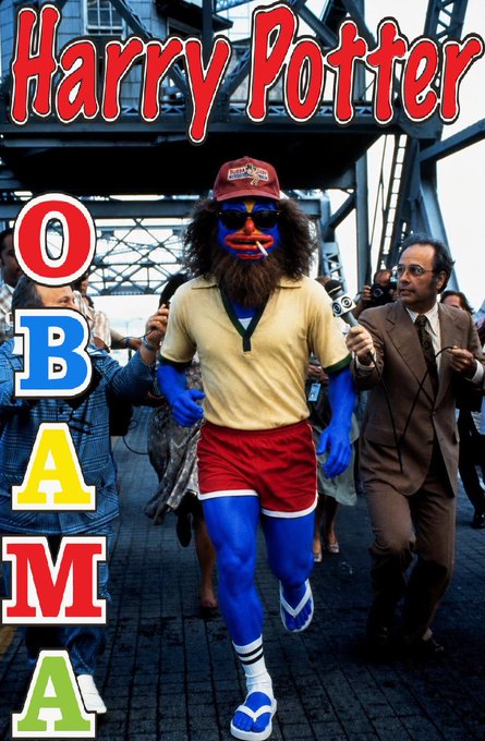 A man in a furry blue costume, red shorts, and sunglasses runs across a bridge while reporters follow, overlaid with bold text reading 'Harry Potter OBAMA'.