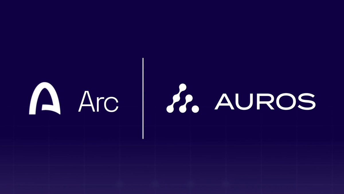 A navy blue graphic displays the white "Arc" logo on the left and the "AUROS" wordmark with its molecular-style icon on the right, separated by a vertical line. The image accompanies a post introducing Auros as the first highlight in Arc's Ecosystem series, emphasizing the importance of liquidity alongside fast settlement in financial markets.