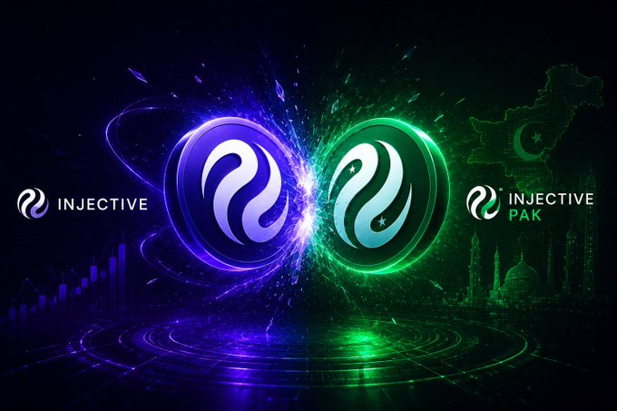 The image features two green circles with white designs, one larger than the other, set against a black background. The text "Injective" is written above each circle, indicating that they are related to an account or social media platform named Injective Pakistan. The caption below the image explains that this account translates content into English and reaches the local community in Pakistan.