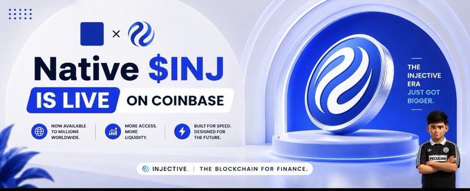 A promotional graphic announcing 'Native $INJ IS LIVE ON COINBASE' for the Injective blockchain, featuring a young boy in a black shirt in the bottom right corner.