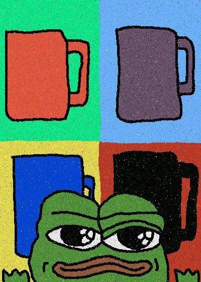 A pop-art style image of the Pepe the Frog meme in front of a four-paneled background with red, purple, blue, and black mugs on green, blue, yellow, and red backgrounds.
