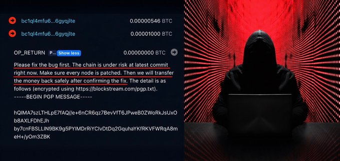 A screenshot of a cryptocurrency transaction discussion showing Bitcoin amounts and a PGP encrypted message about patching bugs, alongside an image of a hooded figure at a laptop.