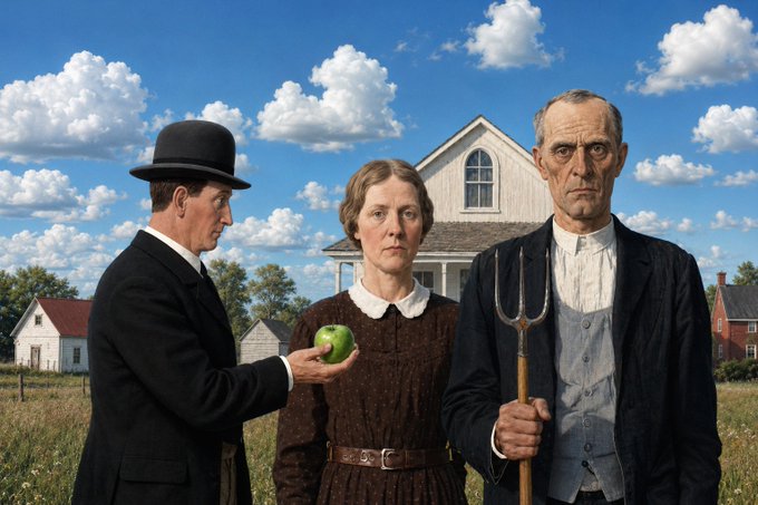 A parody of 'American Gothic' showing three people in rural clothing in front of a farmhouse—one holding a green apple and another holding a pitchfork.
