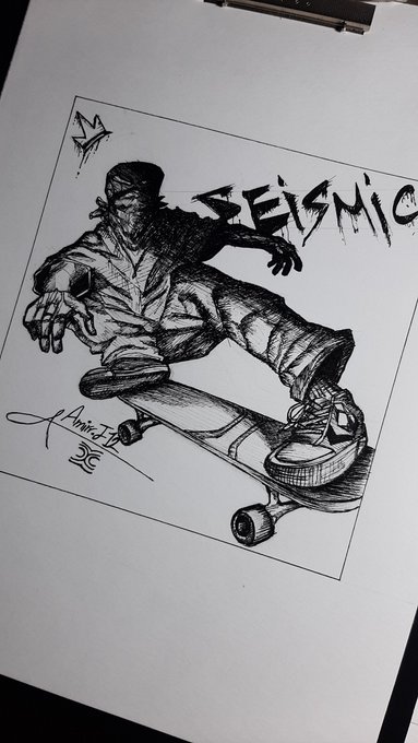 A black and white pen sketch on paper of a hooded figure doing a skateboard trick, with the word 'SEISMIC' written in stylized text and the artist's signature.