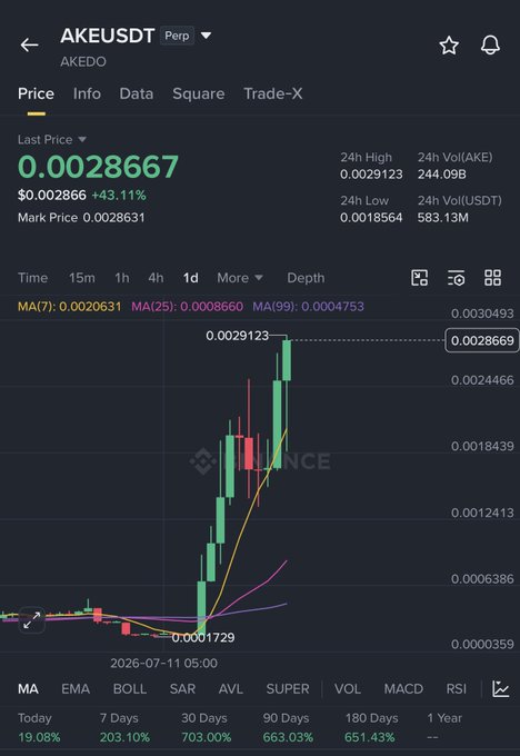 This image shows a candlestick chart of AKEUSDT with the price at $0.0028667, up 43.11%. It indicates a significant upward trend, supporting the poster's advice against shorting the coin.