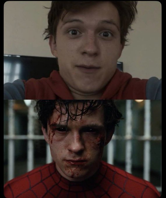This image shows a split of Tom Holland as Spider-Man, transitioning from a clean selfie to a bruised and bloody appearance. This visually represents the evolving and often challenging landscape of crypto security from 2016 to 2026.