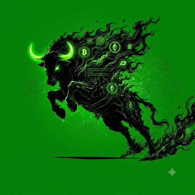 Digital artwork of a stylized, dark bull with glowing green eyes and horns on a green background, surrounded by floating cryptocurrency icons like Bitcoin and Ethereum.