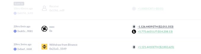 A cryptocurrency transaction history showing recent activity, including an execution of -1,126.4409 ETH ($2,011,553) and a withdrawal of +1,121.4410 ETH ($2,002,625).