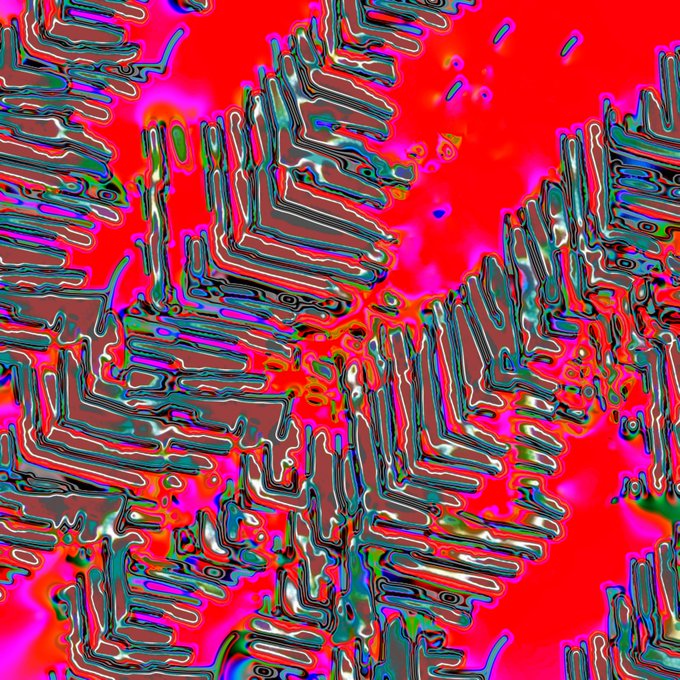 An abstract, glitch-art style image featuring distorted, wavy shapes in blue against a vibrant red and pink background.