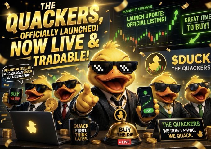 A promotional graphic announcing 'THE QUACKERS' cryptocurrency launch, featuring cartoon ducks in business attire with pixelated sunglasses, displaying market update charts, '$DUCK' ticker, and slogans like 'BUY THE DIP' and 'WE DON'T PANIC, WE QUACK.'