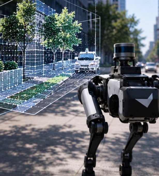 A quadruped robot equipped with a LiDAR sensor stands on a city street, scanning a wireframe-rendered scene that includes a vehicle and trees, visualizing how autonomous systems verify and map their environment in real time—mirroring how VanGrid uses Base blockchain to verifiably track and confirm marketplace transactions onchain rather than relying on unverifiable internal records alone.